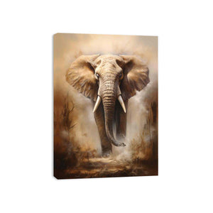 Elephant walking through warm dust and atmospheric wilderness for modern bedroom decor.