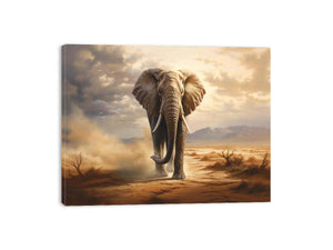 Elephant walking across glowing savanna landscape with clouds for modern living room decor.