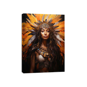Confident woman portrait with feather headdress and warm tribal palette for modern bedroom decor.
