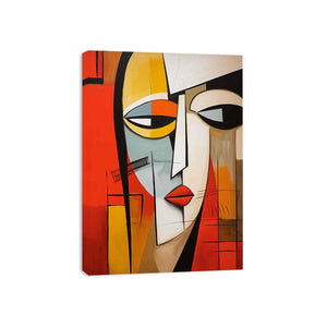 Contemporary abstract portrait canvas art with bold red and yellow tones for modern living room decor.