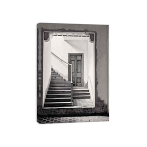 Black and white architectural staircase wall art with Parisian steps and doorway for refined hallway decor.