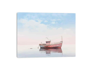 Minimal coastal boat canvas art with pastel pink vessel, calm water and soft blue sky for bedroom decor.