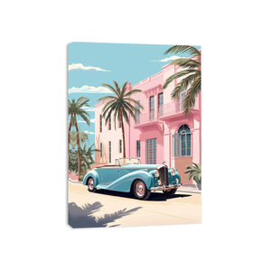 Vintage tropical car wall art with turquoise convertible, pink palace and palm trees for stylish room decor.
