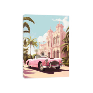 Pink vintage convertible wall art with tropical palace, palm trees and blue sky for glamorous room decor.