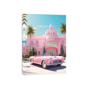 Pink convertible canvas art with blush palace, palm trees and resort glamour for bold modern room decor.