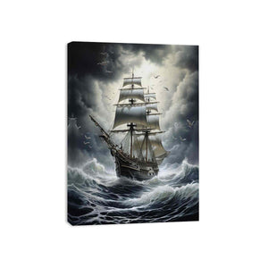 Moody tall ship storm canvas art for nautical office and living room decor.
