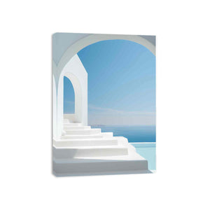 Santorini white steps and blue sea canvas art for Mediterranean decor.