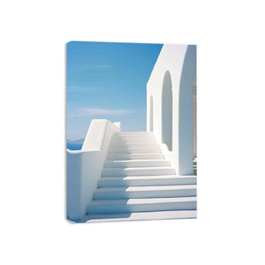 White Santorini steps and archway canvas art for coastal modern hallway or living room decor.