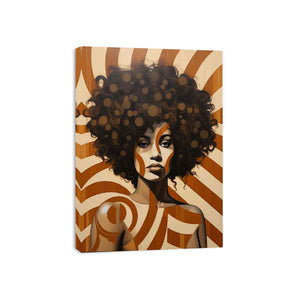Retro woman portrait canvas art with curly hair and warm geometric patterns for stylish decor.
