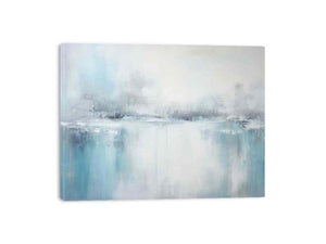 Soft aqua abstract landscape canvas art with misty horizon for calm bedroom decor.