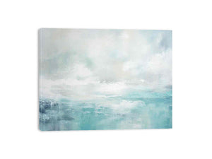 Soft abstract coastal canvas art with aqua sky tones for modern living room decor.