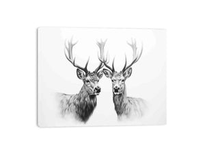 Black and white deer portrait canvas art with twin stags for calm bedroom wall decor.