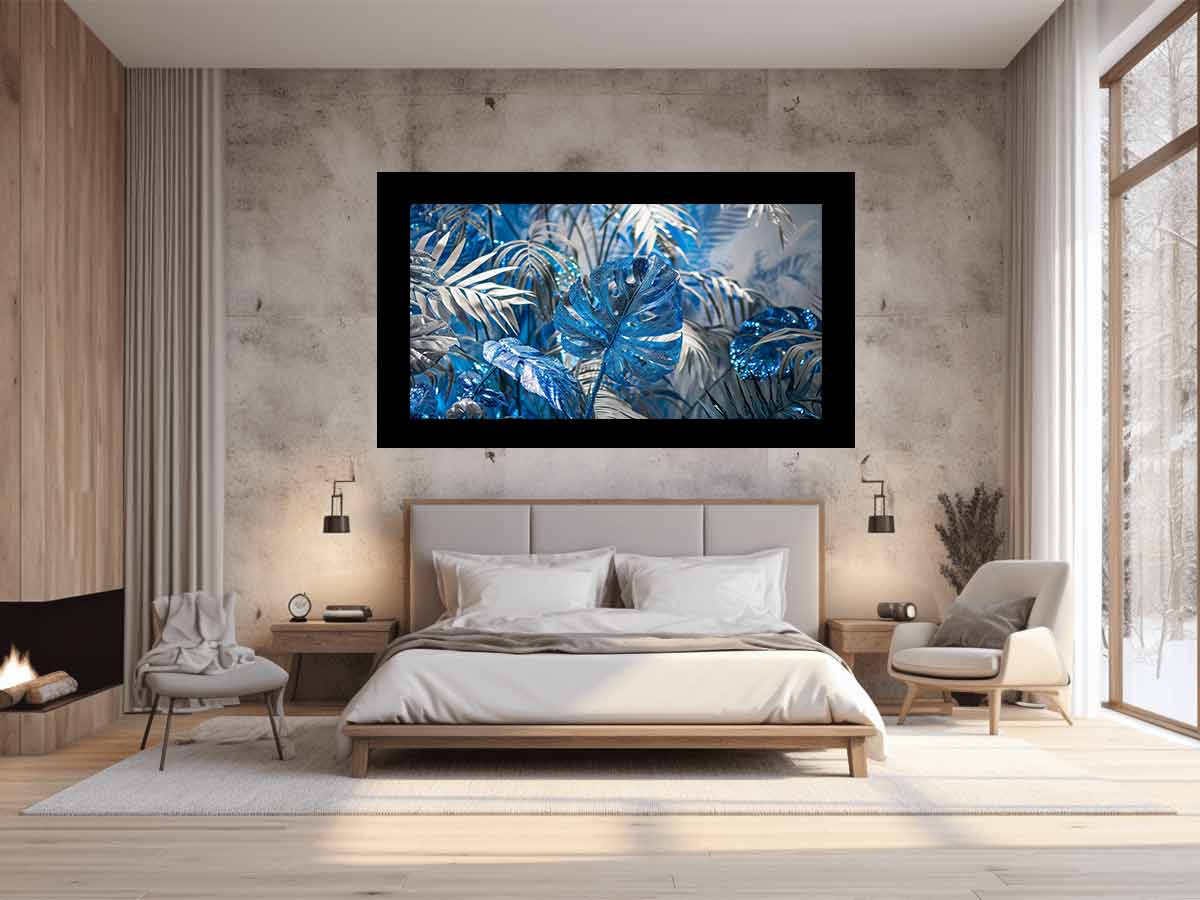Blue tropical leaf canvas art with silver palm foliage for glamorous modern wall decor.
