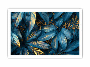 Teal and gold botanical leaf canvas art for luxury living room or bedroom wall decor.