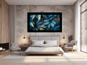 Teal and gold botanical leaf canvas art for luxury living room or bedroom wall decor.