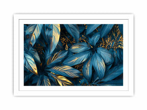 Teal and gold botanical leaf canvas art for luxury living room or bedroom wall decor.