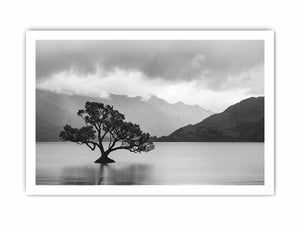 Black and white lake tree landscape canvas art for modern living room decor.