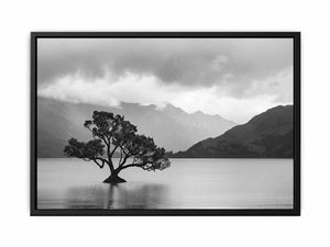 Black and white lake tree landscape canvas art for modern living room decor.