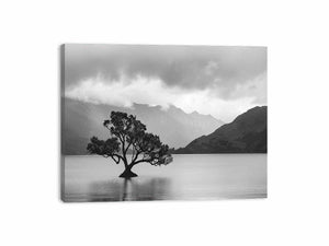 Black and white lake tree landscape canvas art for modern living room decor.