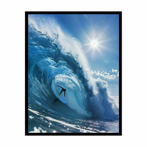 Dramatic blue ocean wave surfer canvas art for coastal living room decor.