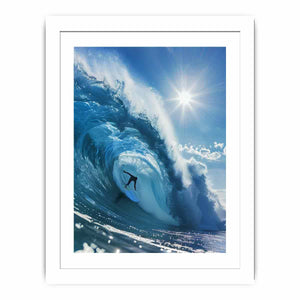 Dramatic blue ocean wave surfer canvas art for coastal living room decor.