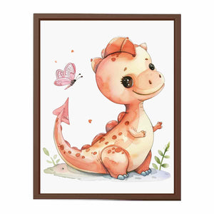 Peach baby dinosaur canvas art for nursery and kids bedroom decor.