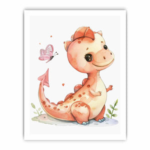 Peach baby dinosaur canvas art for nursery and kids bedroom decor.