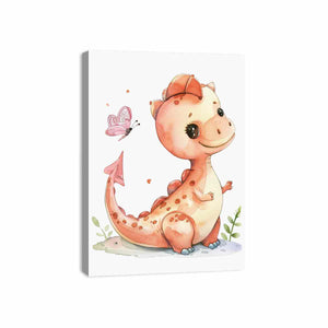 Peach baby dinosaur canvas art for nursery and kids bedroom decor.