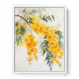 Yellow botanical flower branch canvas art for calm modern bedroom decor.