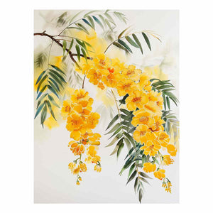 Yellow botanical flower branch canvas art for calm modern bedroom decor.