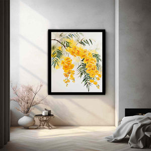 Yellow botanical flower branch canvas art for calm modern bedroom decor.