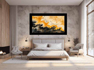 Amber black abstract marble canvas art for modern living room decor.