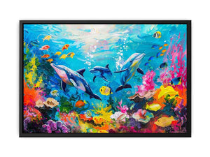 Colorful dolphin coral reef canvas art for kids room and beach house decor.