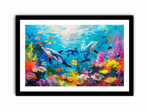 Colorful dolphin coral reef canvas art for kids room and beach house decor.