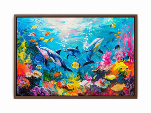 Colorful dolphin coral reef canvas art for kids room and beach house decor.
