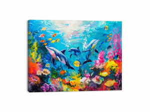 Colorful dolphin coral reef canvas art for kids room and beach house decor.