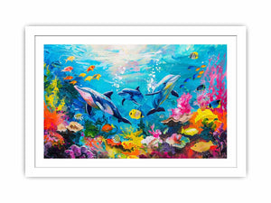 Colorful dolphin coral reef canvas art for kids room and beach house decor.