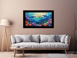 Dolphin reef ocean canvas art for colorful kids room and coastal decor.