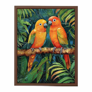 Tropical parrot illustration canvas art for colorful living room decor.