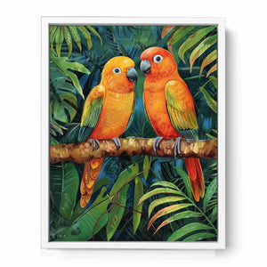 Tropical parrot illustration canvas art for colorful living room decor.