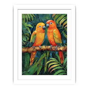Tropical parrot illustration canvas art for colorful living room decor.