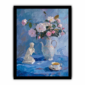 Blue floral still life canvas art with pitcher and teacup for elegant kitchen or bedroom decor.