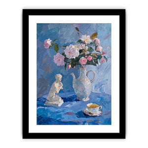 Blue floral still life canvas art with pitcher and teacup for elegant kitchen or bedroom decor.