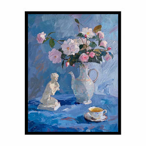 Blue floral still life canvas art with pitcher and teacup for elegant kitchen or bedroom decor.
