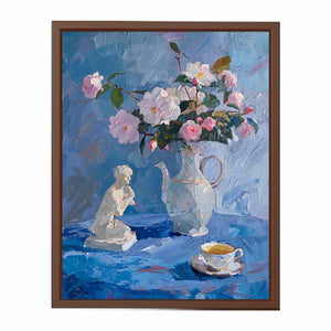 Blue floral still life canvas art with pitcher and teacup for elegant kitchen or bedroom decor.