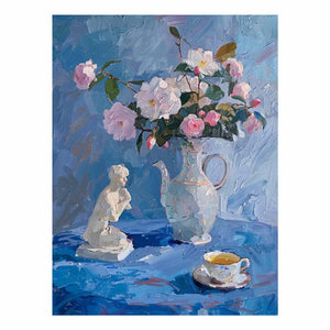Blue floral still life canvas art with pitcher and teacup for elegant kitchen or bedroom decor.