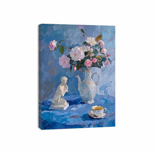 Blue floral still life canvas art with pitcher and teacup for elegant kitchen or bedroom decor.