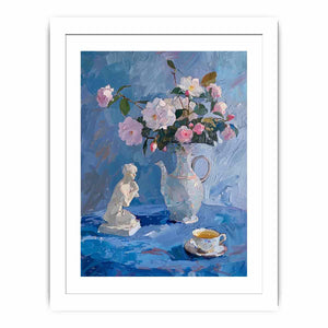 Blue floral still life canvas art with pitcher and teacup for elegant kitchen or bedroom decor.
