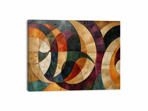 Geometric abstract canvas art with circles and warm tones for modern living room decor.