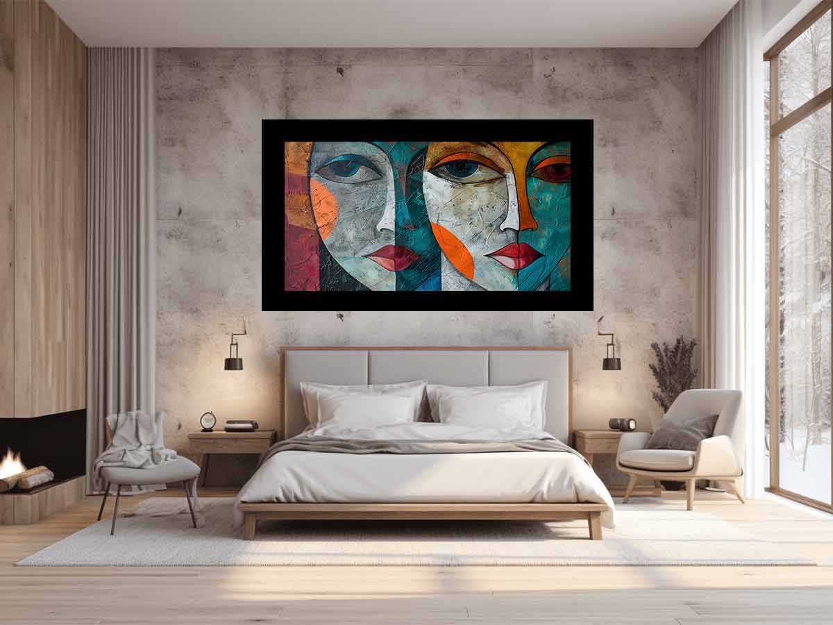 Modern cubist face portrait canvas art for bold contemporary living room decor.